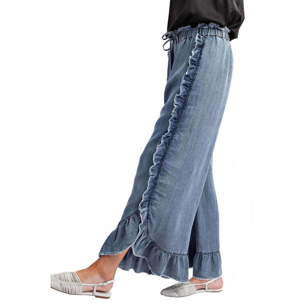 NEW EASEL plus size ruffle chambray pants in washed denim - Picture 3 of 5